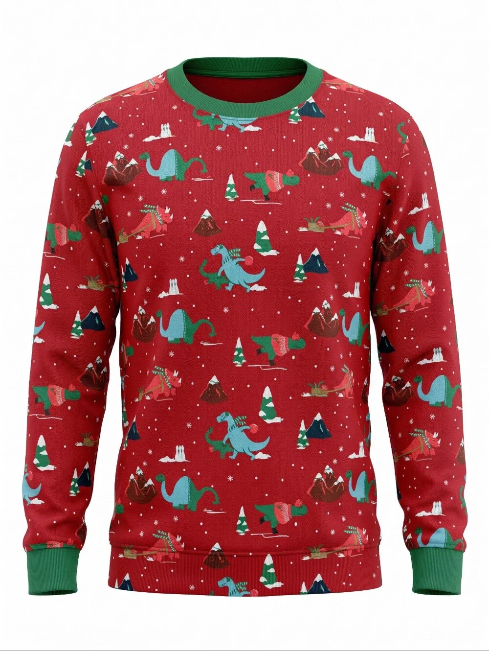 Men's Red Holiday Dinosaur Print Jammie Shirt Sweater Holiday Christmas Size L